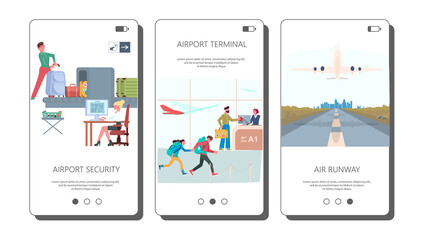 Set of vector touch screen for different Airport scenes mobile applications. Smartphone illustrations with air runway, airport terminal and security