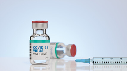 COVID-19 virus vaccine bottle and  a syringe with a needle on white background. 3D rendering image.