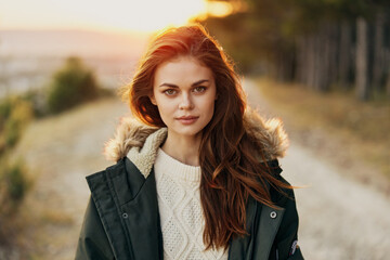 Beautiful woman warm jacket attractive view nature fresh air leisure