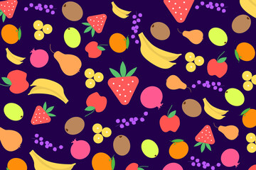 Seamless pattern with bananas, apples, oranges, strawberries, pomegranates, on blue background.  Cute vector background. Bright summer fruits illustration. Fruit mix design for fabric and décor. 

