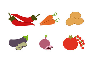 Set of fresh organic vegetables vector. Red chilies,  carrots, potato's, brinjal, onion, tomato. Fresh cartoon organic vegetable isolated on white background used for magazine, posters, menu cover. 

