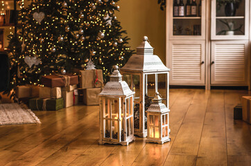 New Year interior with wooden lanterns