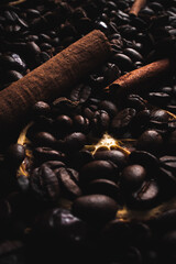 Coffe background with dried oranges and cinnamon - obrazy, fototapety, plakaty