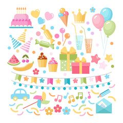 Kids party and celebration design elements: cake, gift, toy, sweets, fruits, food.  Vector flat illustration