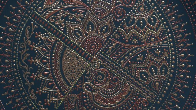 Decorative ceramic plate with black and golden colors, painted plate on background, closeup, top view, rotate. Decorative porcelain plate painted with acrylic paints, handwork, dot painting