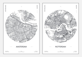 Reisposter, stadsplattegrond stadsplattegrond Amsterdam en Rotterdam, vectorillustratie