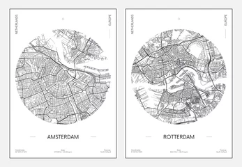 Photo sur Aluminium Rotterdam Affiche de voyage, plan urbain plan de la ville Amsterdam et Rotterdam, illustration vectorielle