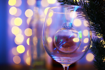 Snow Ball With Christmas Tree And Lights On Winter Background