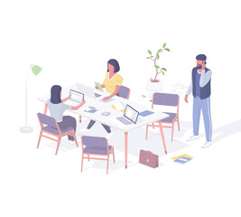 Teamwork new project isometric concept. Female characters with tablet and laptop collect online statistics.