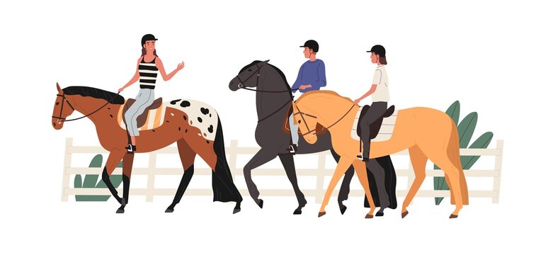 Group of young people riding horse at racecourse. Couple at equestrian school with instructor. Scene of horseriding or jockey training lesson. Flat vector cartoon illustration isolated on white
