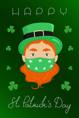 Saint Patrick's Day greeting card. Leprechaun in mask. Vector illustration.