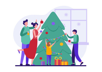 Family decorates christmas tree at home illustration. Happy male and female characters dress up colored balls on green pine.