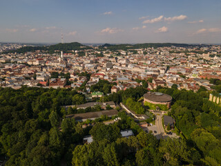 Fototapeta na wymiar Panoramic view to the old city from the drone. 
