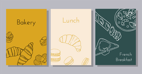 Hand drawn poster set with croissant, profiterole, macaron, madeleine, baguette, bouillabaisse, poached egg. Design sketch element for menu cafe, bistro, restaurant, bakery.  Vector illustration.