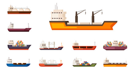 Freight sea container ships set. Heavy ships with loading cranes on board Large transport water carriers with industrial volume commercial tankers with sea delivery any ports. Vector cargo flat