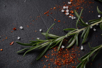 Spices and herbs on dark stone background