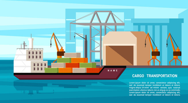 Sea freight illustration. Heavy tanker with containers arrives at international port powerful cranes are ready start unloading goods to warehouse commercial industrial deliveries. Trading vector.
