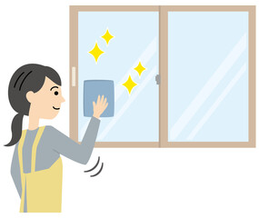 Fototapeta premium 窓の拭き掃除をするエプロンの女性 主婦 Woman cleaning the window