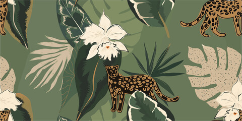 Materiał do szycia Hand drawn abstract jungle pattern with leopards. Creative collage contemporary seamless pattern. Natural colors. Fashionable template for design.