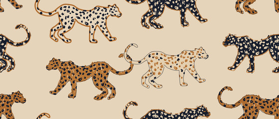 Hand getekend abstract patroon met luipaarden. Creatief collage eigentijds naadloos patroon. Natuurlijke kleuren. Modieuze sjabloon voor ontwerp.
