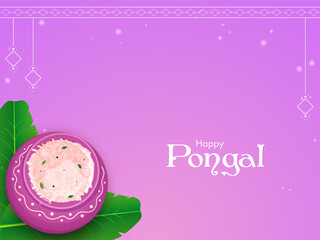 Happy Pongal Celebration Concept With Top View Of Rice Mud Pot And Banana Leaves On Magenta Background.