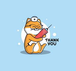 Cartoonish animal character with syringe and a lettering phrases - Thank you.