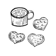 Set for Valentine's day, coffee and cookies in the shape of a heart, vector illustration, hand drawing