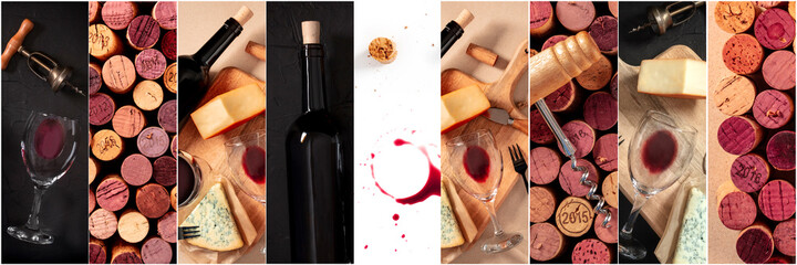 Wine Collage design template. A panorama of many photos of wine glasses, and corks, a design for a winery banner or shop flyer