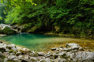 Mountain river in forest. Water on a stones