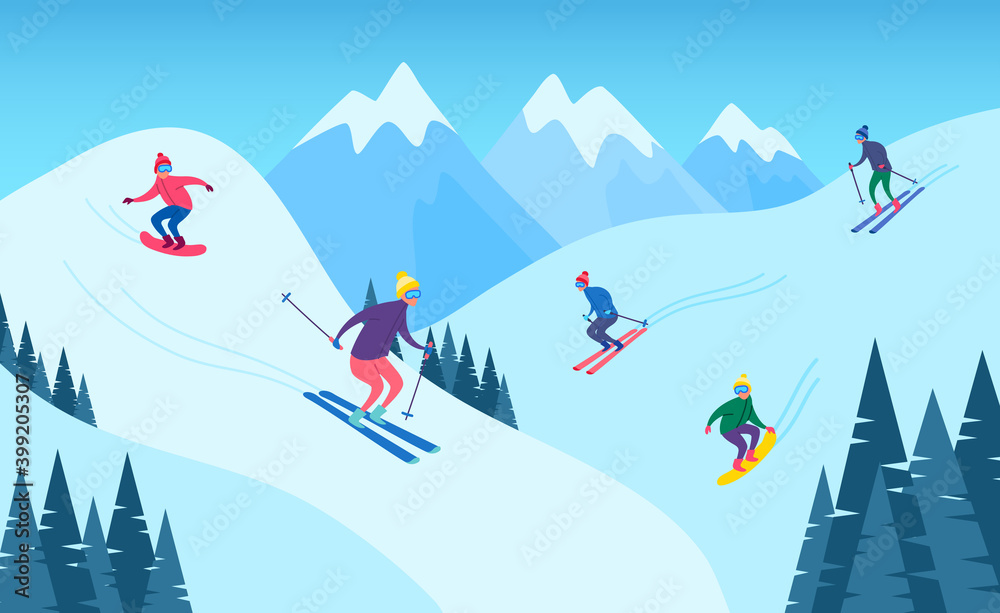 Canvas Prints Cartoon Color Characters People Skiing and Snowboarding Concept. Vector