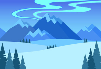 Cartoon Color Winter Mountains Landscape Scene Concept. Vector