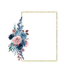 Watercolor gold foliage geometric frame. Isolated rectangle polygonal frame. Dusty Pink, Dusty blue Bouquet. Pastel flowers. For wedding design, invitations, bridal shower