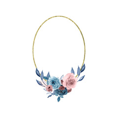 Watercolor gold foliage geometric frame. Isolated oval polygonal frame. Dusty Pink, Dusty blue Bouquet. Pastel flowers. For wedding design, invitations, bridal shower