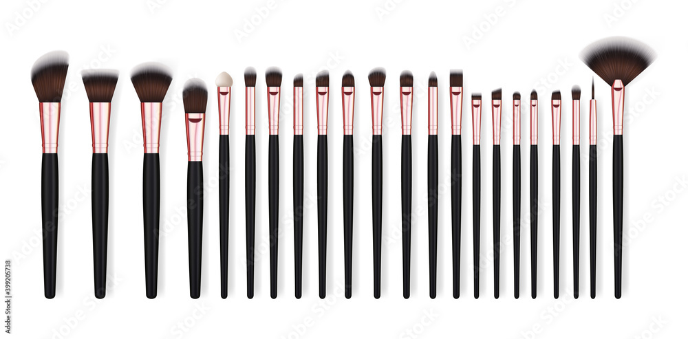 Sticker Realistic Detailed 3d Different Makeup Brush Set. Vector