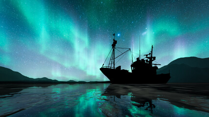 Silhouette Boat On Sea With Aurora