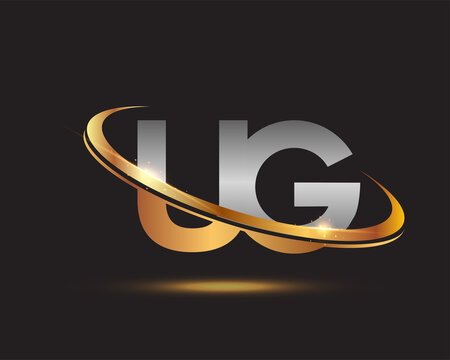 initial letter UG logotype company name colored gold and silver swoosh design. isolated on black background.