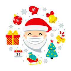 Obraz na płótnie Canvas Safe Christmas corona virus concept. Santa Claus with protective mask and icons around. COVID-19 Merry Christmas cute flat vector illustration. Pandemic coronavirus New Year 2021