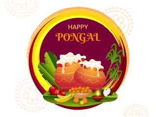 Happy Pongal Celebration Background With Traditional Dish In Mud Pots, Fruits, Sweet (Ladoo), Banana Leaves, Sugarcane And Lit Oil Lamp.