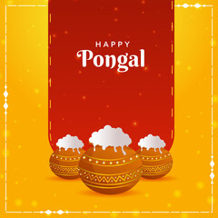 Red And Yellow Poster Design With Mud Pots Full Of Traditional Dish For Pongal Celebration.