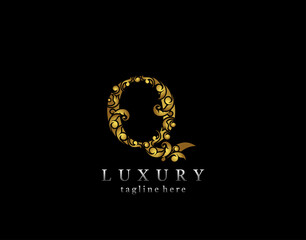 Elegant Q Letter Gold logo icon, luxury flourishes ornament monogram design vector.