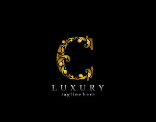 Elegant C Letter Gold logo icon, luxury flourishes ornament monogram design vector.