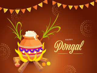 Happy Pongal Celebration Concept With Rice Cooking Clay Pot Over Firewood, Sugarcane And Bunting Flags On Brown Background.