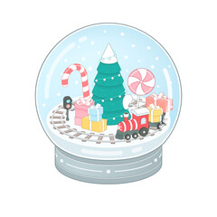 Snowball with winter railway, snowing, fir tree and presents. Magic transparent ball with christmas tree and train. New year winter toy souvenir. 3d isometric vector illustration