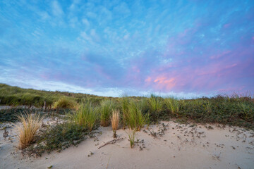 Beautiful blue and pink colors of the sun setting behind a dune, during sunset