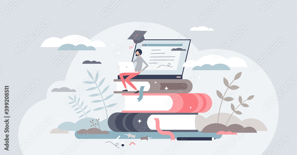 Poster learning online or digital e-learning studying process tiny person concept