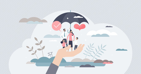 Life insurance as healthcare protection and family safety tiny person concept