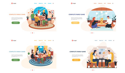 Complete family game landing page template with happy people parents and children playing board game spending evening time together. Characters playing cards and logic games set of four scenes