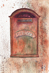 Old rusty mail box. Hand painted watercolor illustration