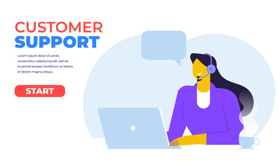 Customer support. Hotline operator. Concept illustration for support, call center. Woman with headphones and microphone with laptop. Flat Vector illustration