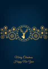 Christmas  golden  decoration  with  Xmas  reindeer, gifts,  snowflakes.